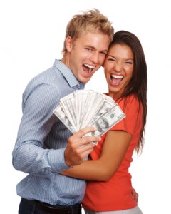 Lovely couple holding  American currency notes on white